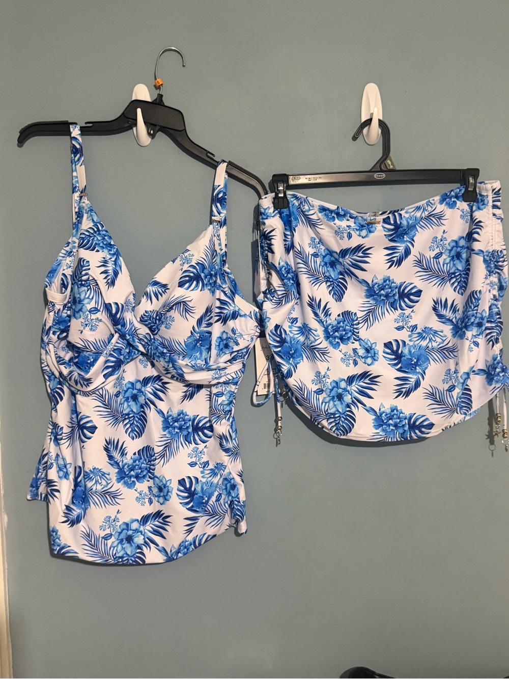 Nicole Miller White and Blue Floral Tankini Top with Skirt - Picture 1 of 10